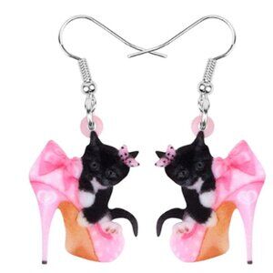 Black Cat Dangle Earrings Pink High Heels Silver Fishhooks